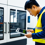 A professional Vietnamese male maintenance engineer in a clean, modest work uniform with a safety vest, holding a tablet and inspecting a modern, well-maintained CNC machine on a brightly lit factory floor. The environment is orderly and high-tech, showcasing operational excellence and attention to detail. fully clothed, appropriate attire, safe for work, professional, perfect anatomy, correct proportions, natural pose, well-formed hands, proper finger count, natural body proportions, high quality, professional photography.