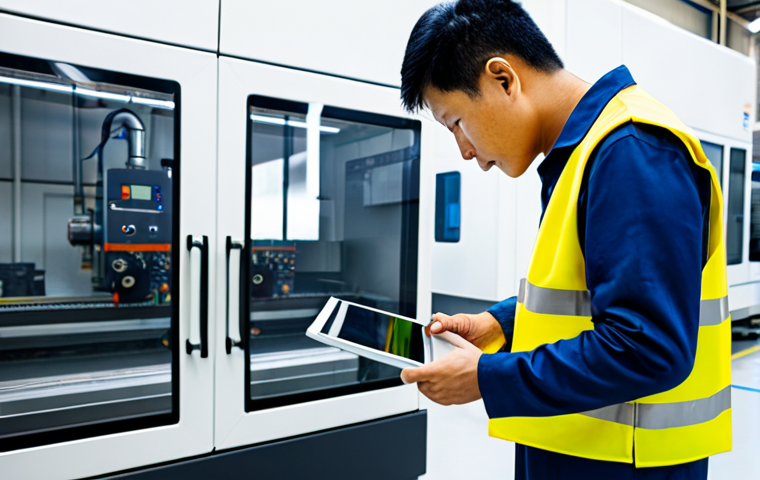 A professional Vietnamese male maintenance engineer in a clean, modest work uniform with a safety vest, holding a tablet and inspecting a modern, well-maintained CNC machine on a brightly lit factory floor. The environment is orderly and high-tech, showcasing operational excellence and attention to detail. fully clothed, appropriate attire, safe for work, professional, perfect anatomy, correct proportions, natural pose, well-formed hands, proper finger count, natural body proportions, high quality, professional photography.